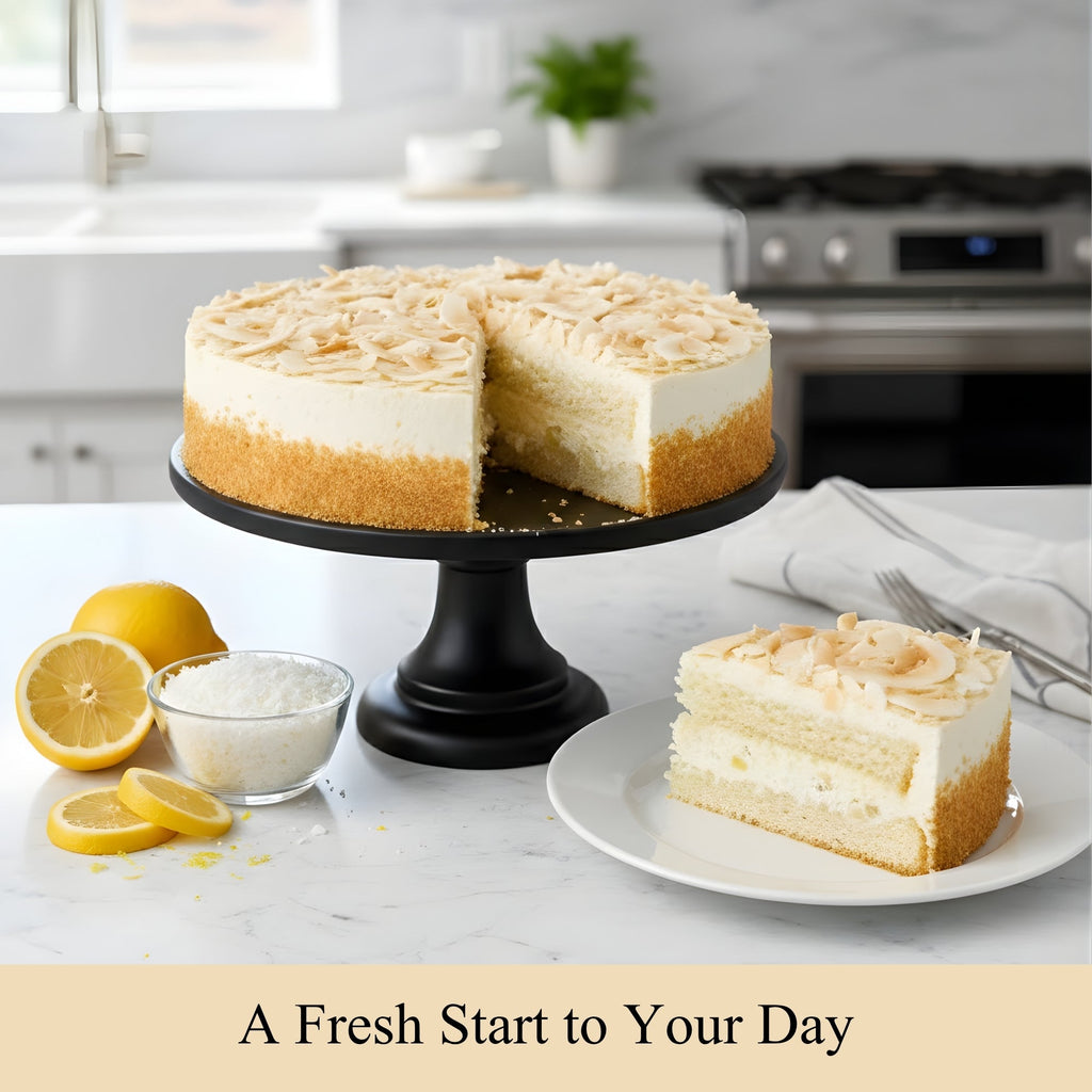 Cheesecake with a slice on a plate, lemons, and a bowl of powdered sugar on a kitchen counter.
