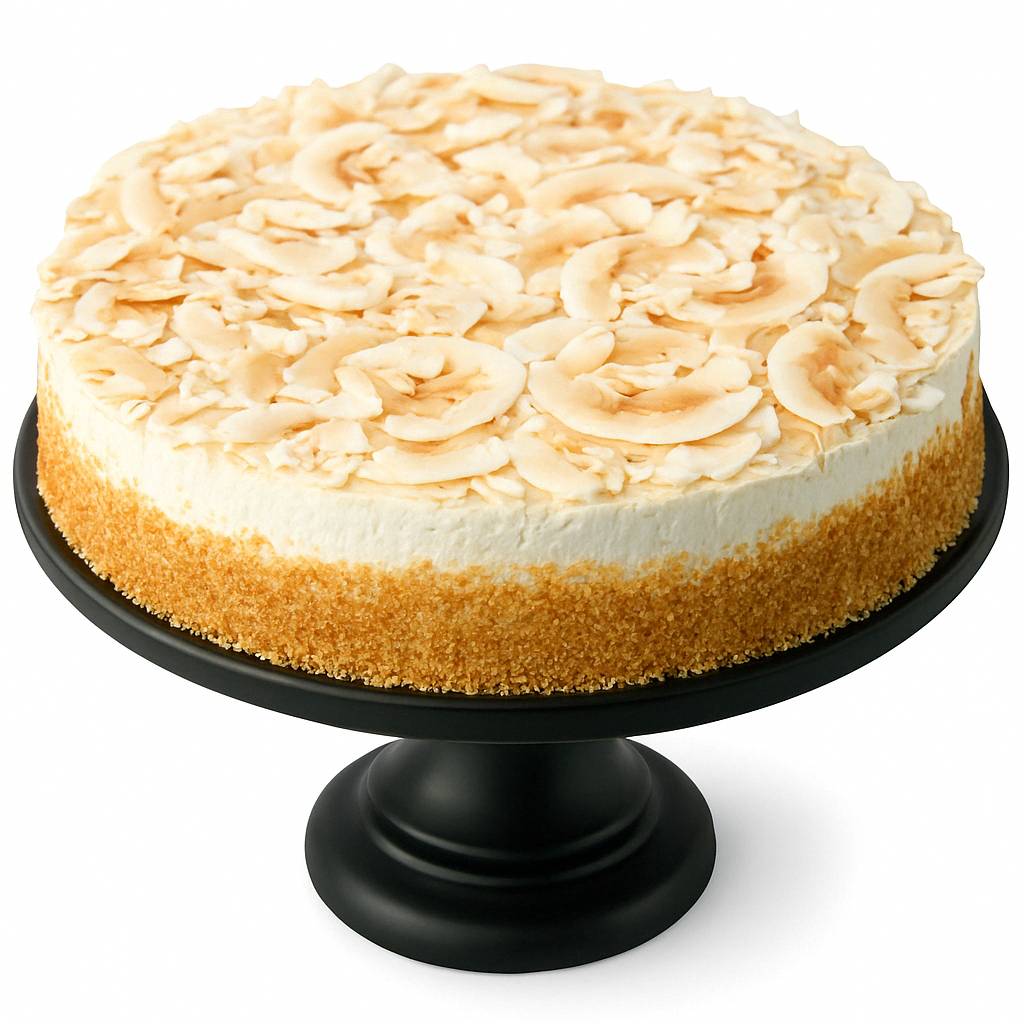 Cheesecake with a crumbly crust and creamy top on a black cake stand against a white background
