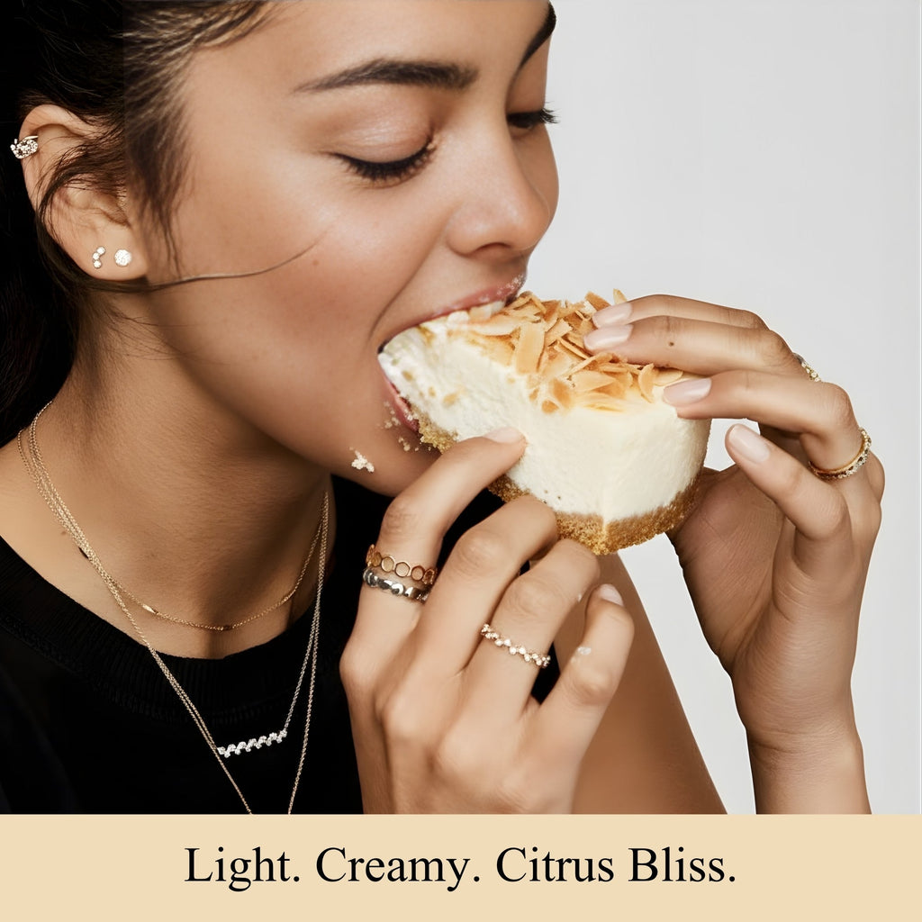 Woman eating a dessert with text 'Light. Creamy. Citrus Bliss.'