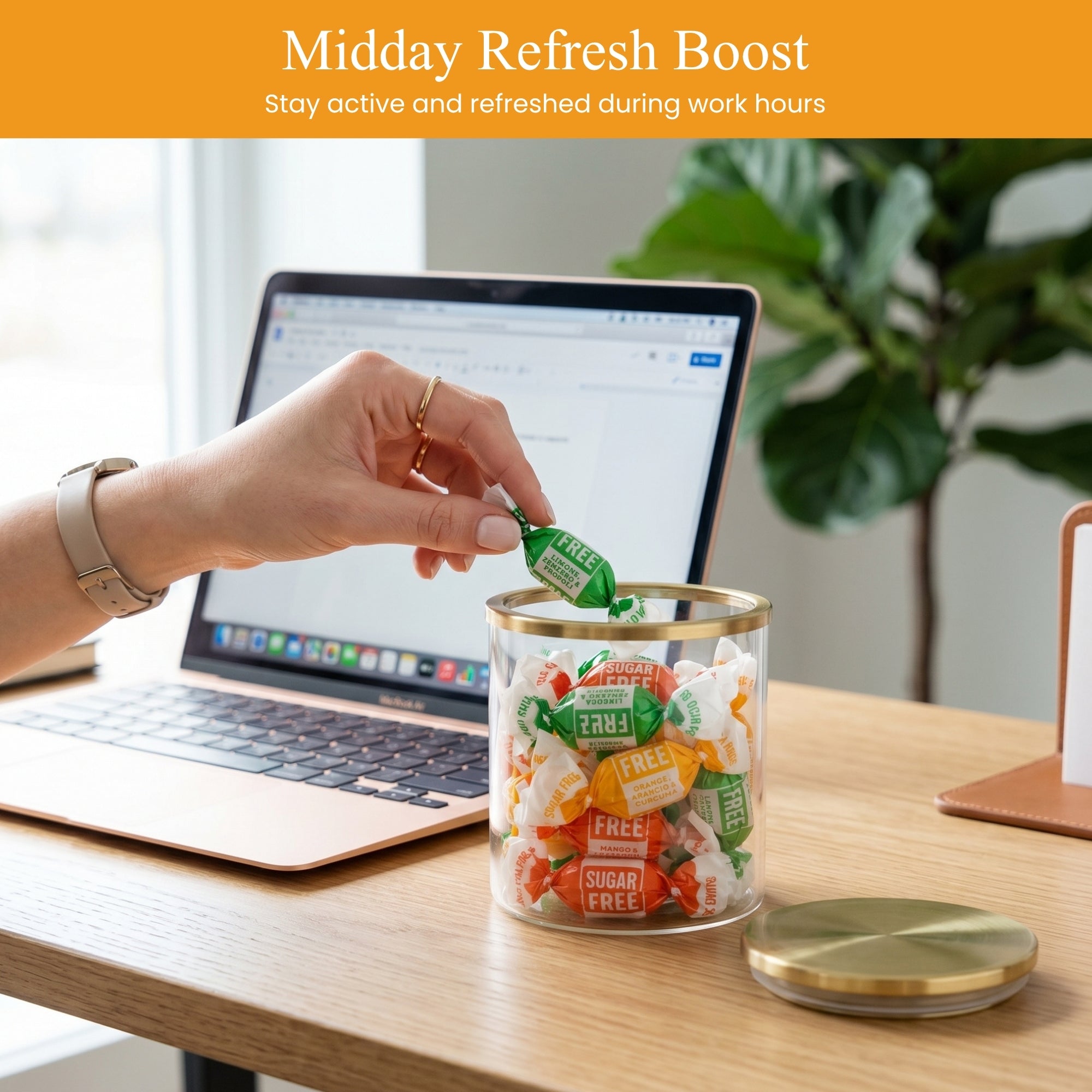 Person reaching into a jar of candy on a desk with a laptop, text 'Midday Refresh Boost' above.