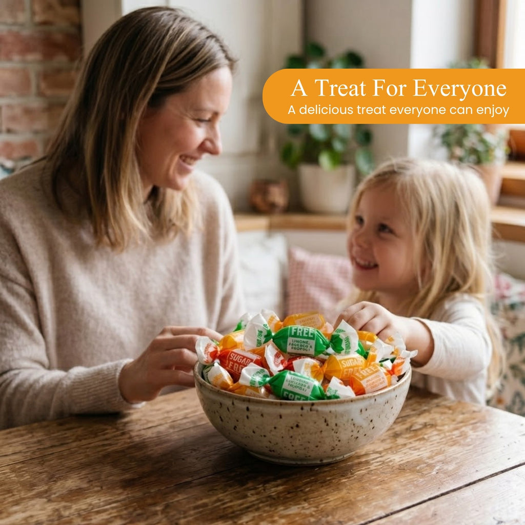 Woman and child with a bowl of colorful candies in a cozy indoor setting