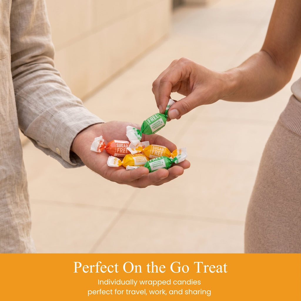 Two people sharing individually wrapped candies with a text overlay about them being perfect on the go treats.
