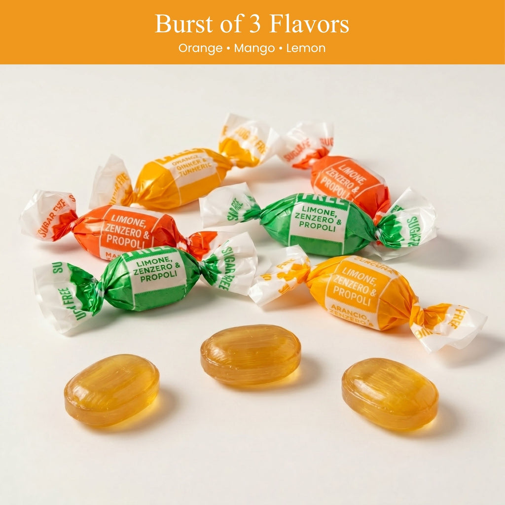 Assorted candies in colorful wrappers on a white background with text 'Burst of 3 Flavors'. Limone zenzero & propoli - arancio ginger and tumeric and lemon lime candies.