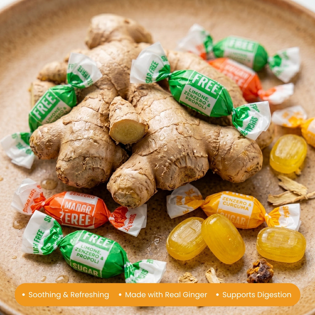 Ginger root with candy包裹 on a beige plate