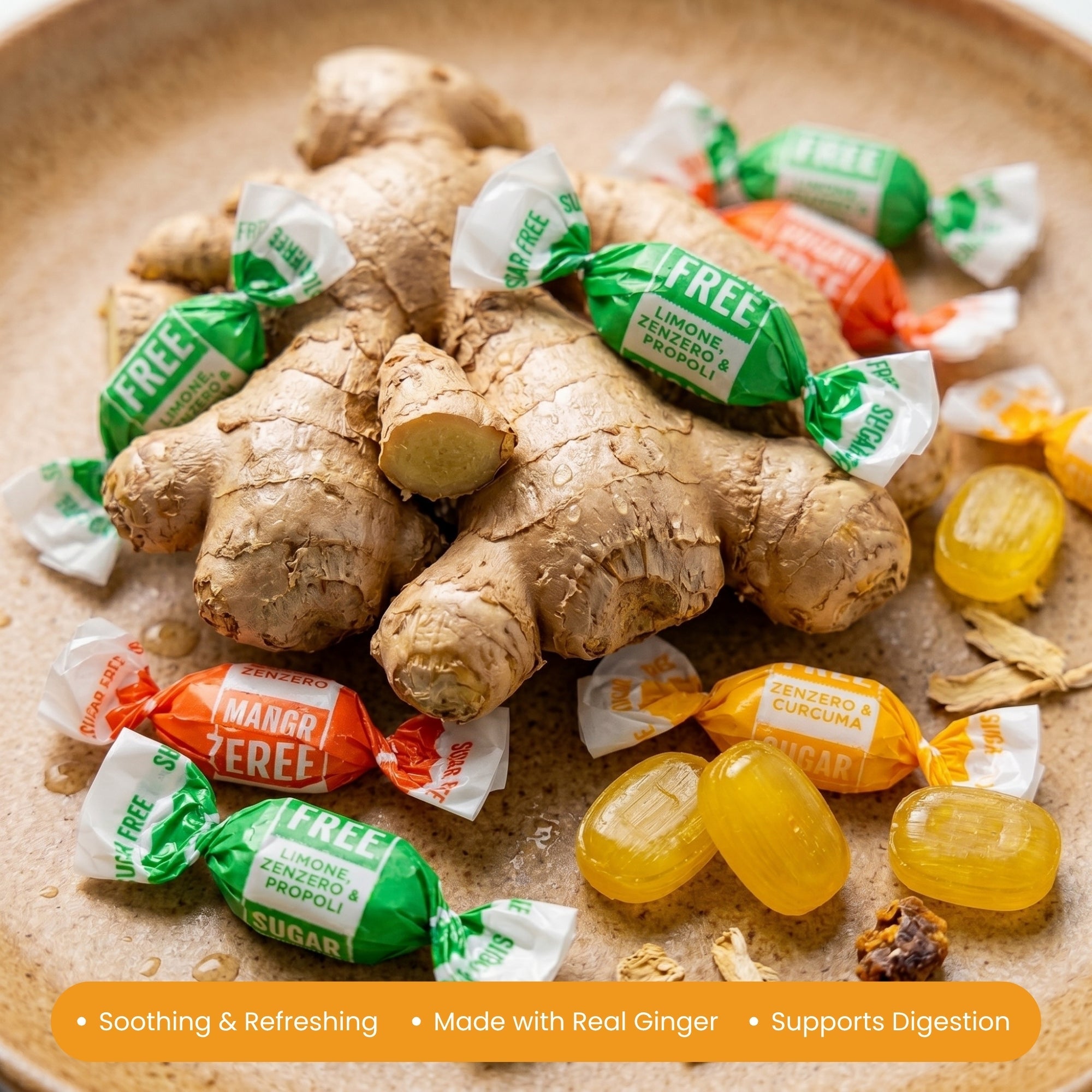 Ginger root with candy包裹 on a beige plate