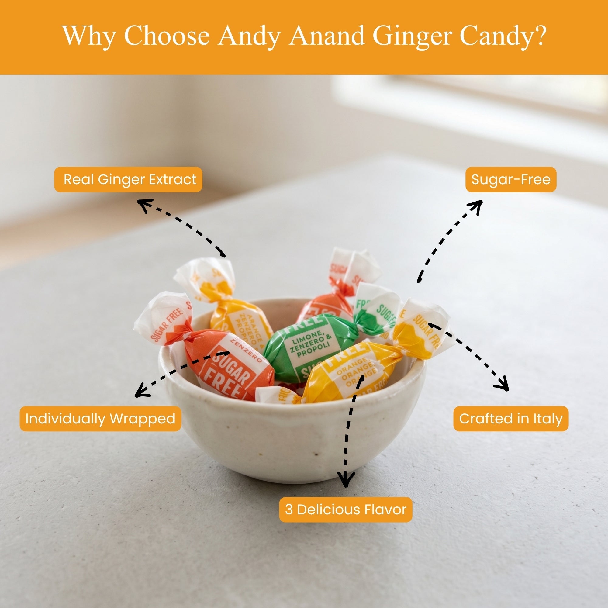 Bowl of Andy Anand Ginger Candy with features highlighted on a light background