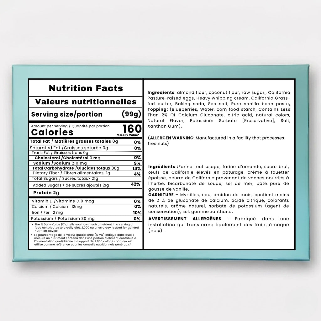 Nutrition facts label and ingredients list on a light blue background