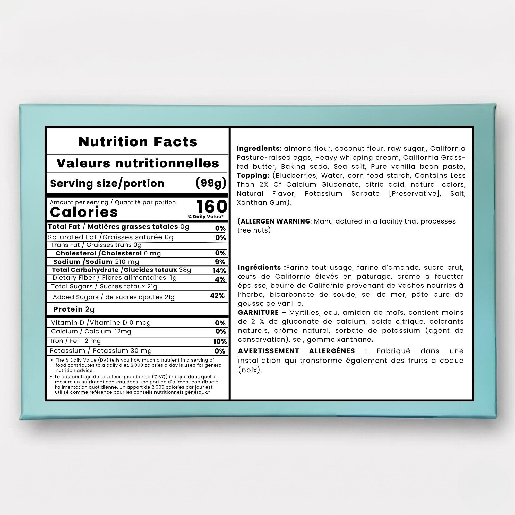 Nutrition facts label and ingredients list on a light blue background