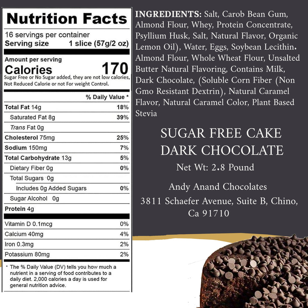 Nutrition facts label and ingredients list for a sugar-free dark chocolate cake with a partial view of the cake.