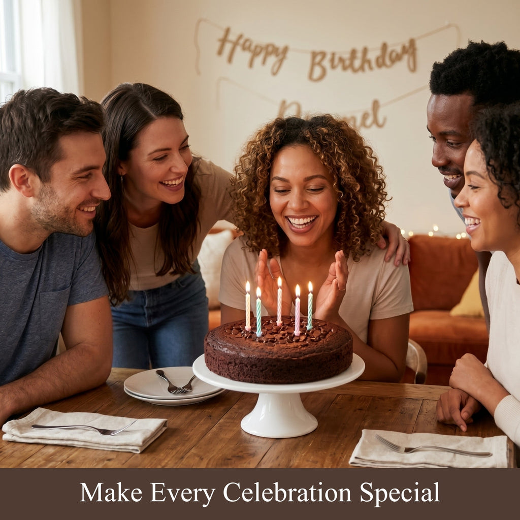 Group of friends gathered around a birthday cake with lit candles, celebrating a birthday.