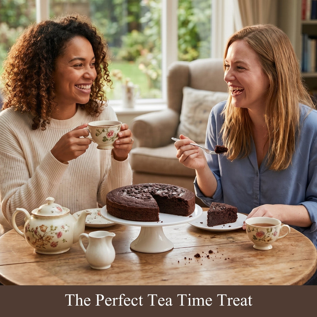 Two women enjoying cake and tea together with a text overlay 'The Perfect Tea Time Treat'.