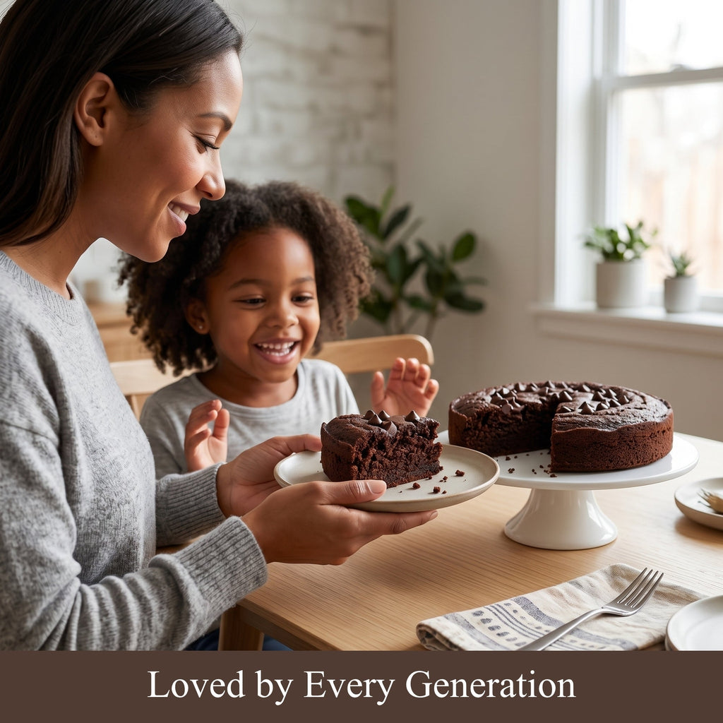 Woman and child enjoying a chocolate cake together with 'Loved by Every Generation' text.
