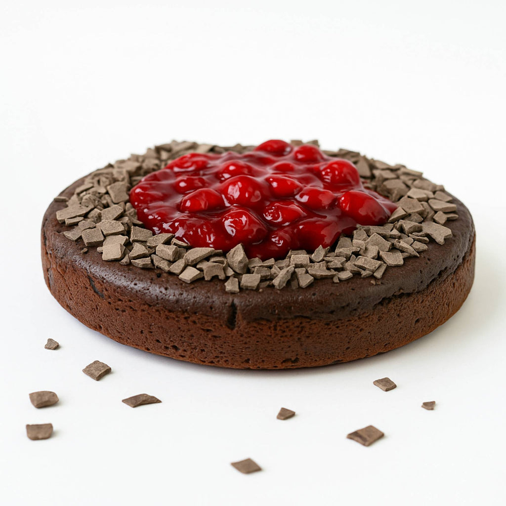 Chocolate cake with cherry topping on a white background
