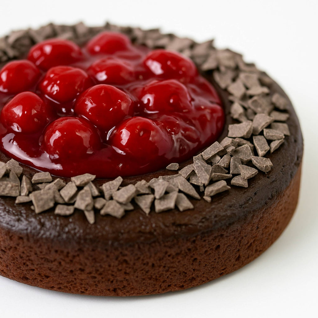 Chocolate cake with cherry topping on a white background