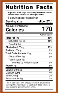 Nutrition label for a slice of bread with detailed nutritional information.
