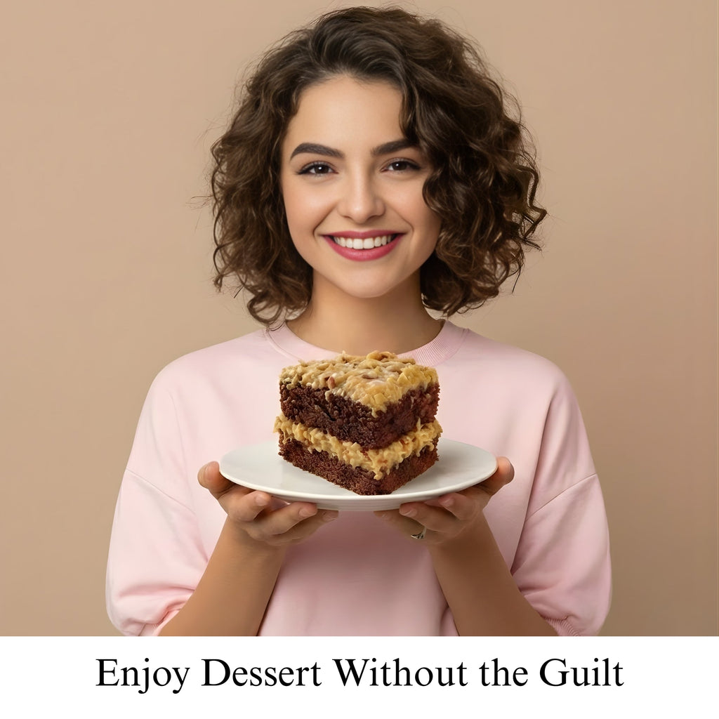 Woman holding a plate with a piece of cake against a beige background