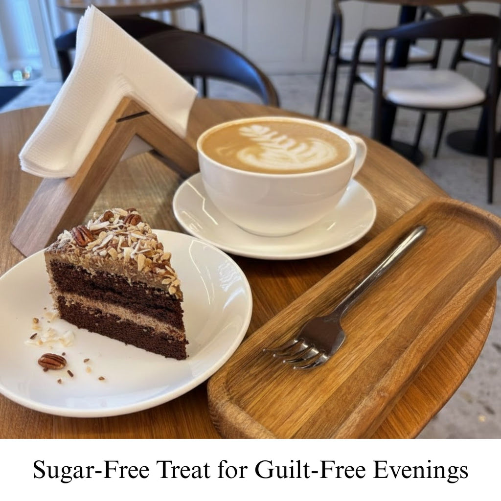 Cup of coffee and slice of cake on a wooden tray with a fork, set against a cafe background.