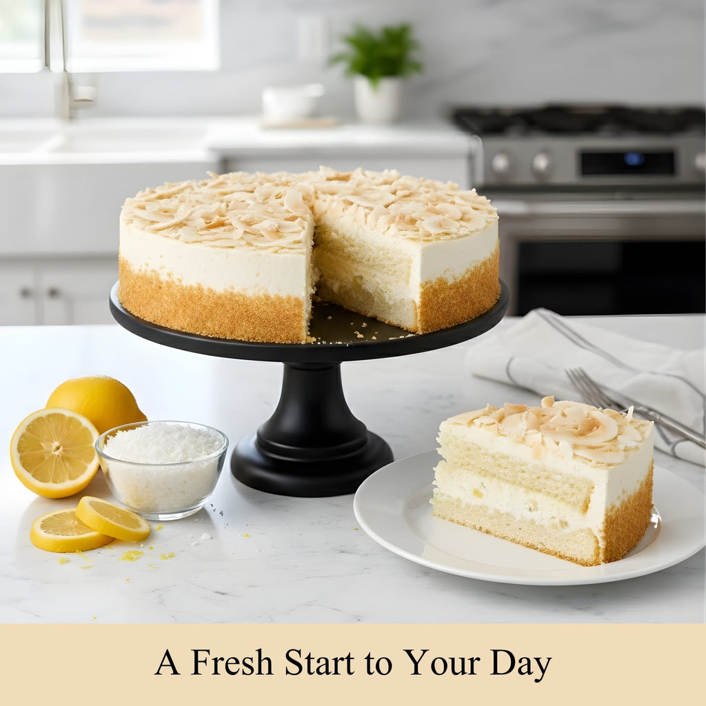 Cheesecake with a slice on a plate, lemons, and a bowl of powdered sugar on a kitchen counter.