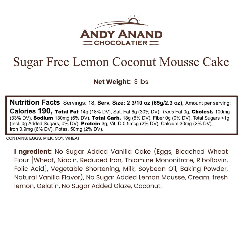 Andy Anand Chocolatier sugar-free lemon coconut mousse cake label with nutrition facts and ingredients.