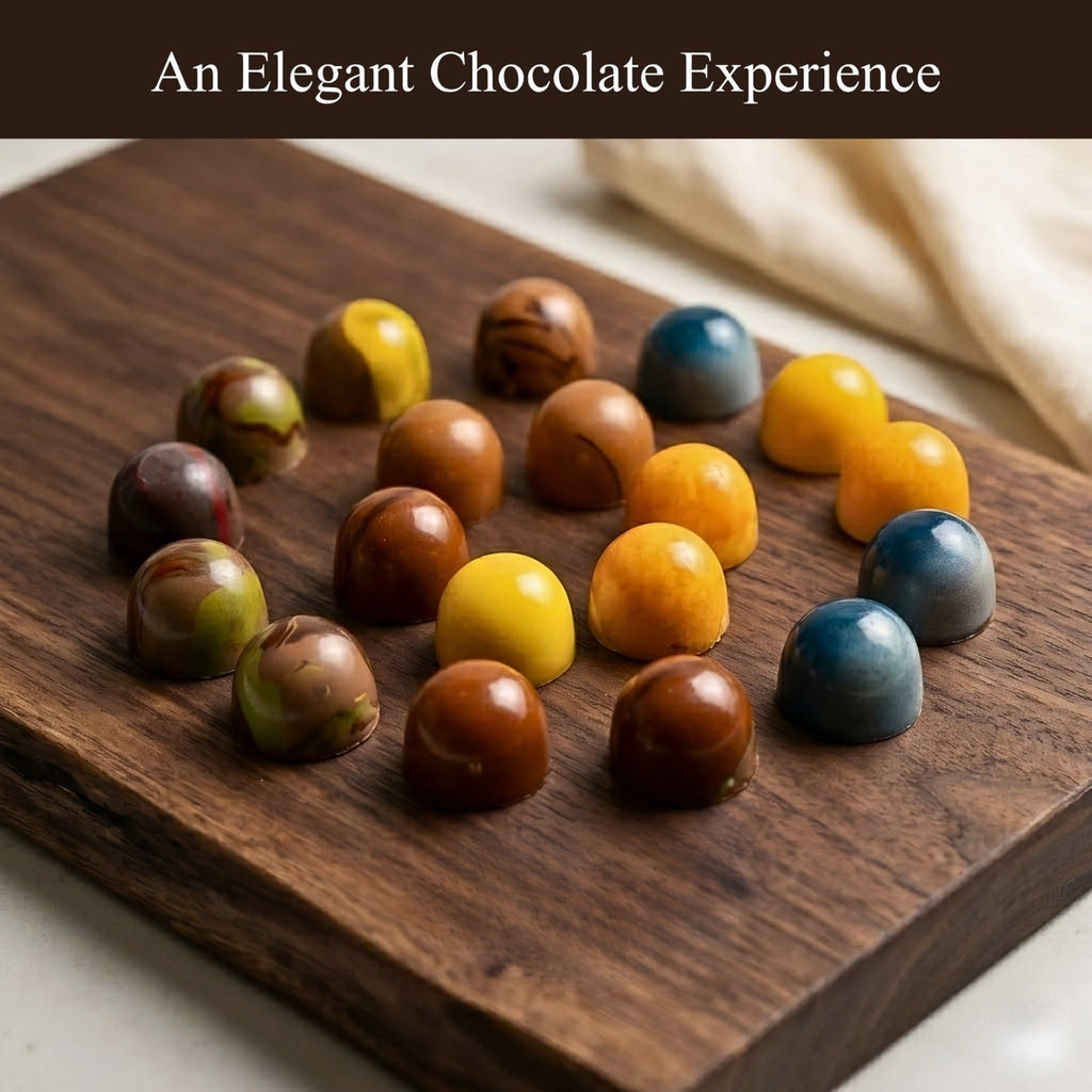 Assorted chocolate truffles on a wooden board with a neutral background