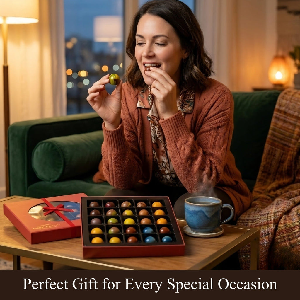 Woman enjoying chocolates with a box of chocolates and a steaming cup on a table, cozy indoor setting.