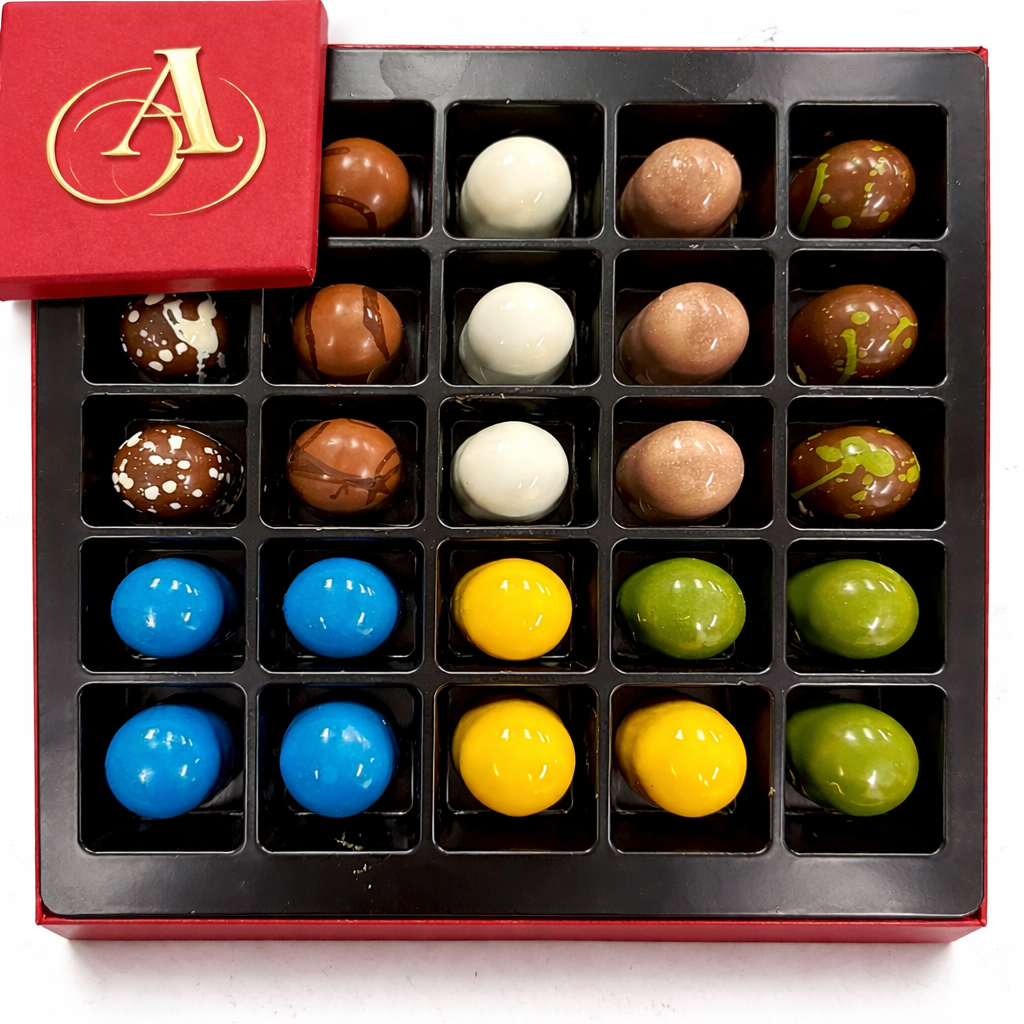 Assorted chocolates in a red box with a visible 'A' logo.
