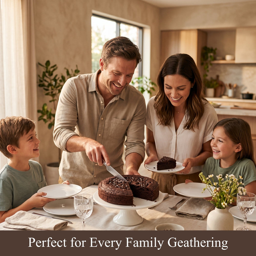 Family gathered around a table cutting a cake in a kitchen.