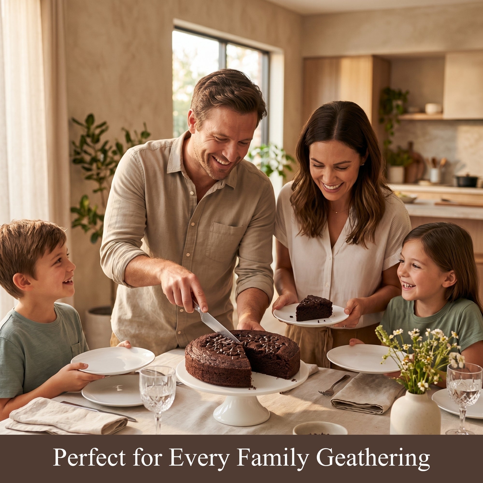 Family gathered around a table cutting a cake in a kitchen.