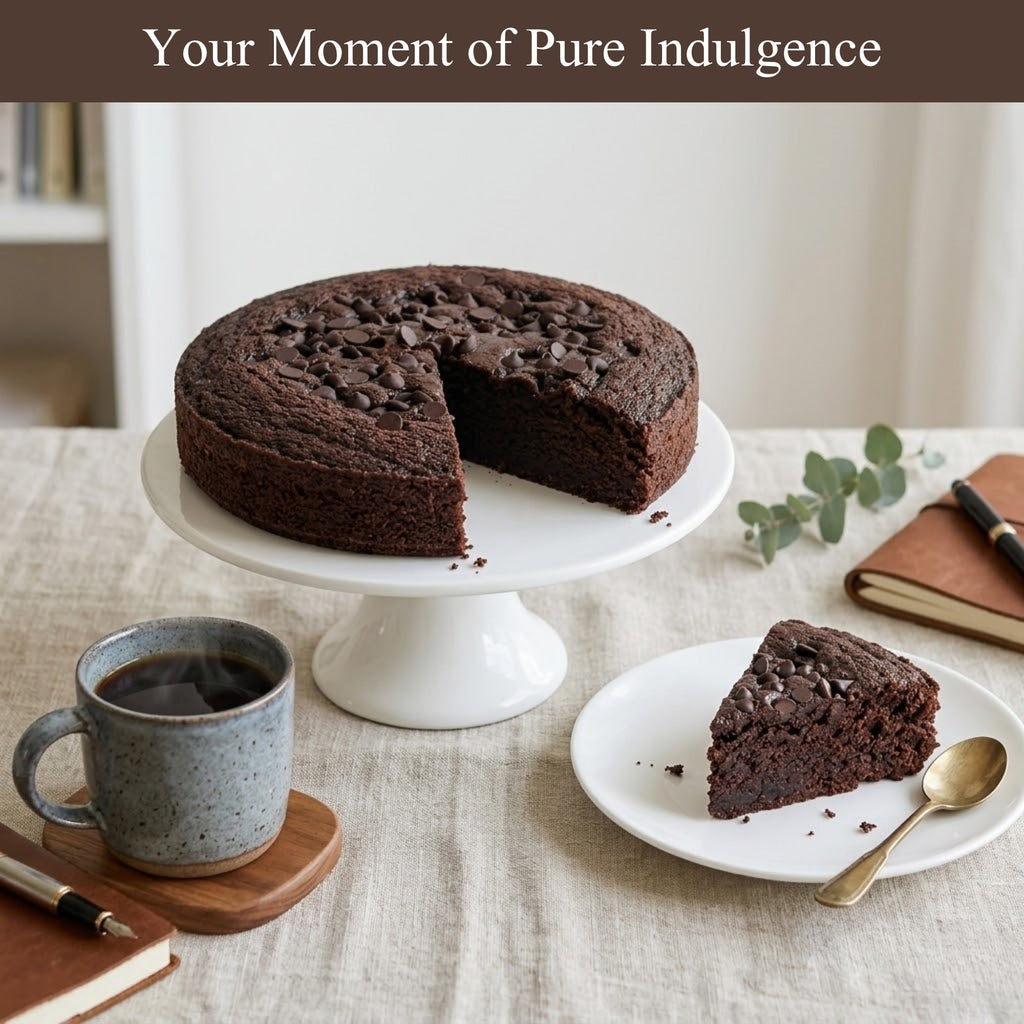 Chocolate cake with a slice taken out, served on a white plate with a cup of coffee and a notebook on a table.