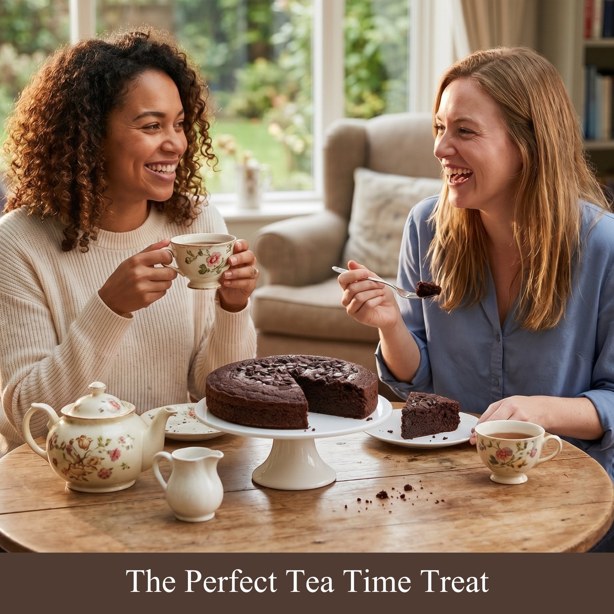 Two women enjoying cake and tea together with a text overlay 'The Perfect Tea Time Treat'.