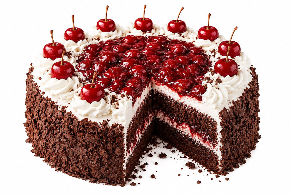 Chocolate cake with cherry topping on a white background