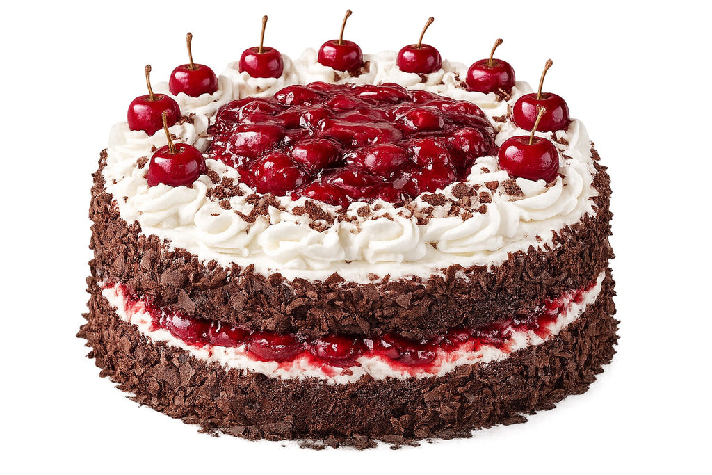 Layered cake with chocolate crust, white frosting, and red cherries on a white background