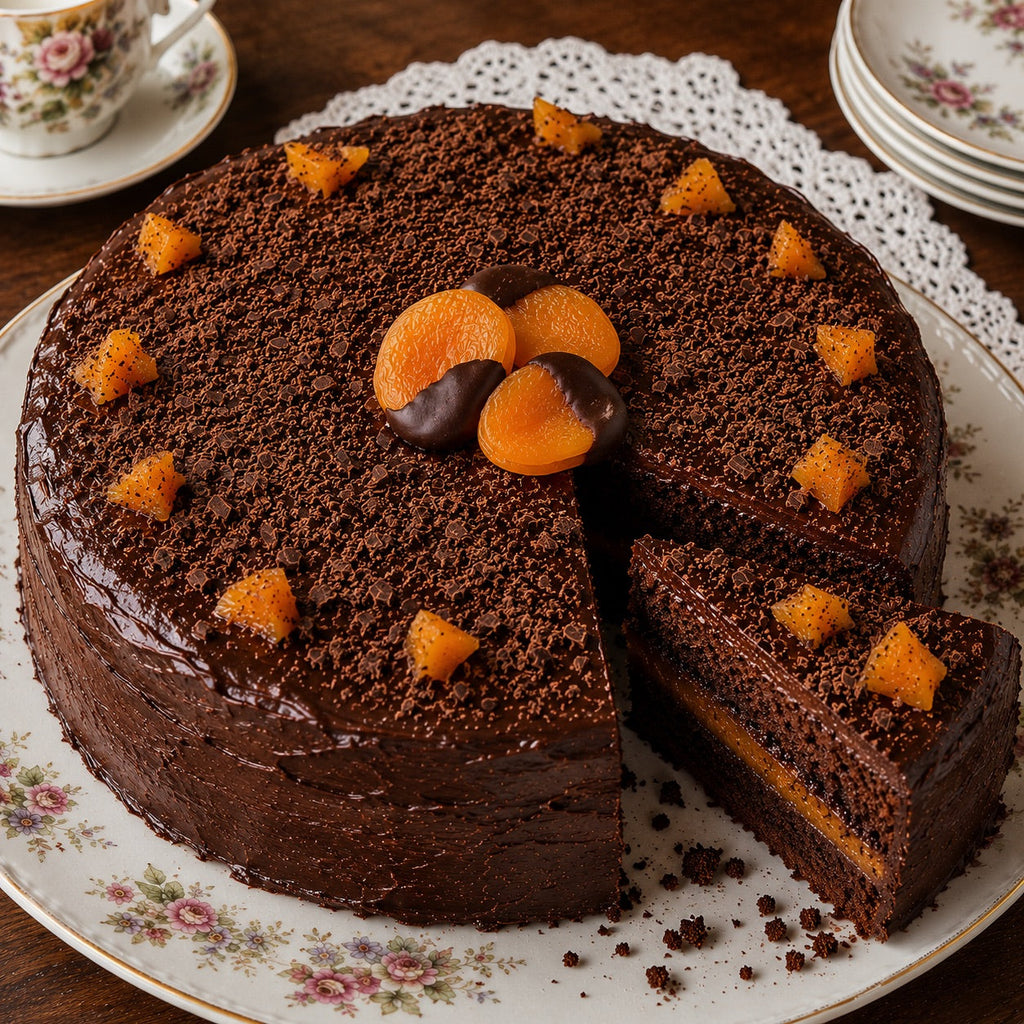 Chocolate cake with orange slices on a floral plate