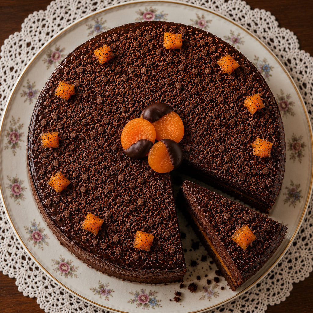 Chocolate cake with orange decorations on a floral plate
