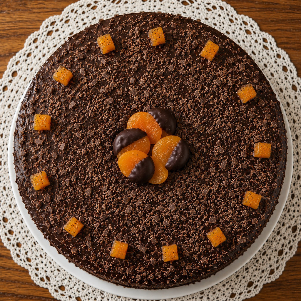Chocolate cake with orange and chocolate decorations on a white lace doily.