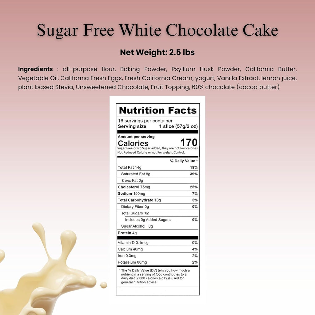 Nutrition facts label for sugar-free white chocolate cake with ingredients listed on a pink background.