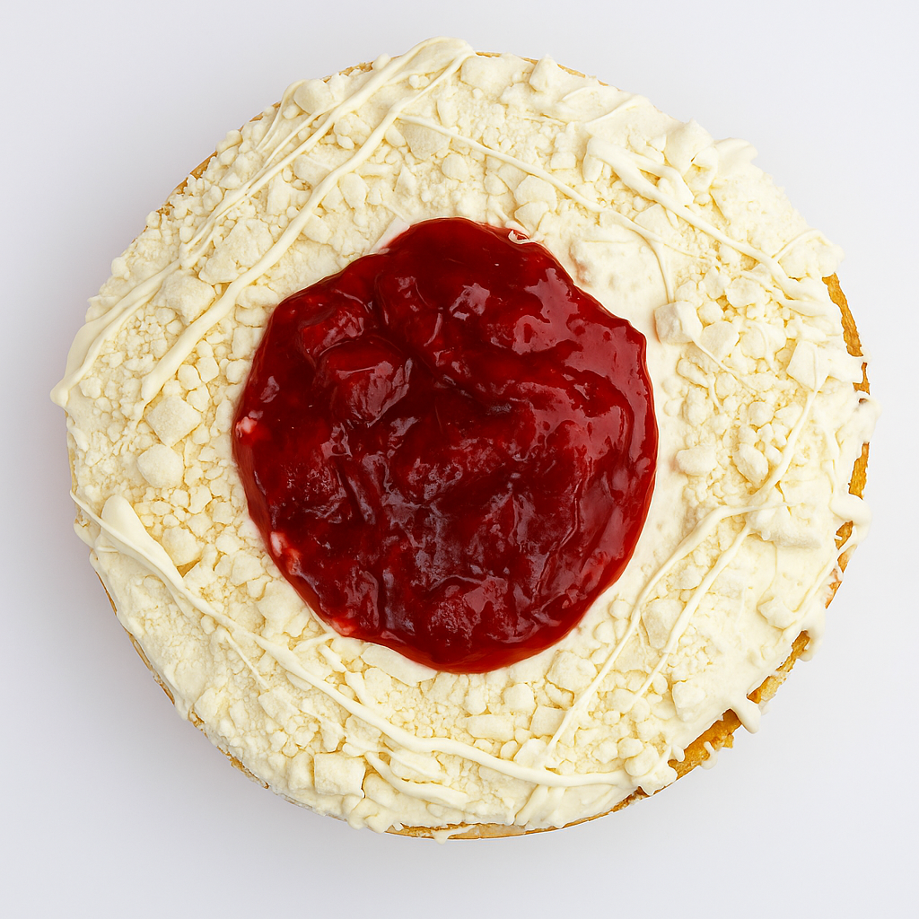 Round cake with white frosting and a red jelly center on a white background