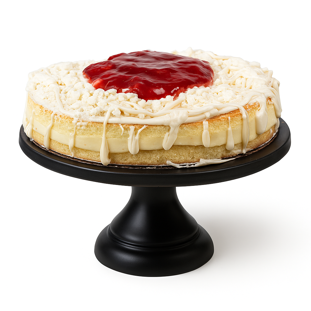 Cheesecake with white frosting and red jelly on a black cake stand against a white background
