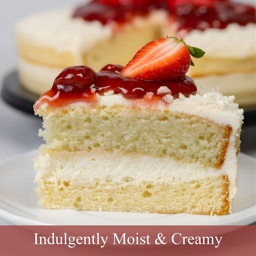 Slice of cake with strawberry and cherry topping on a plate, with a blurred cake in the background.