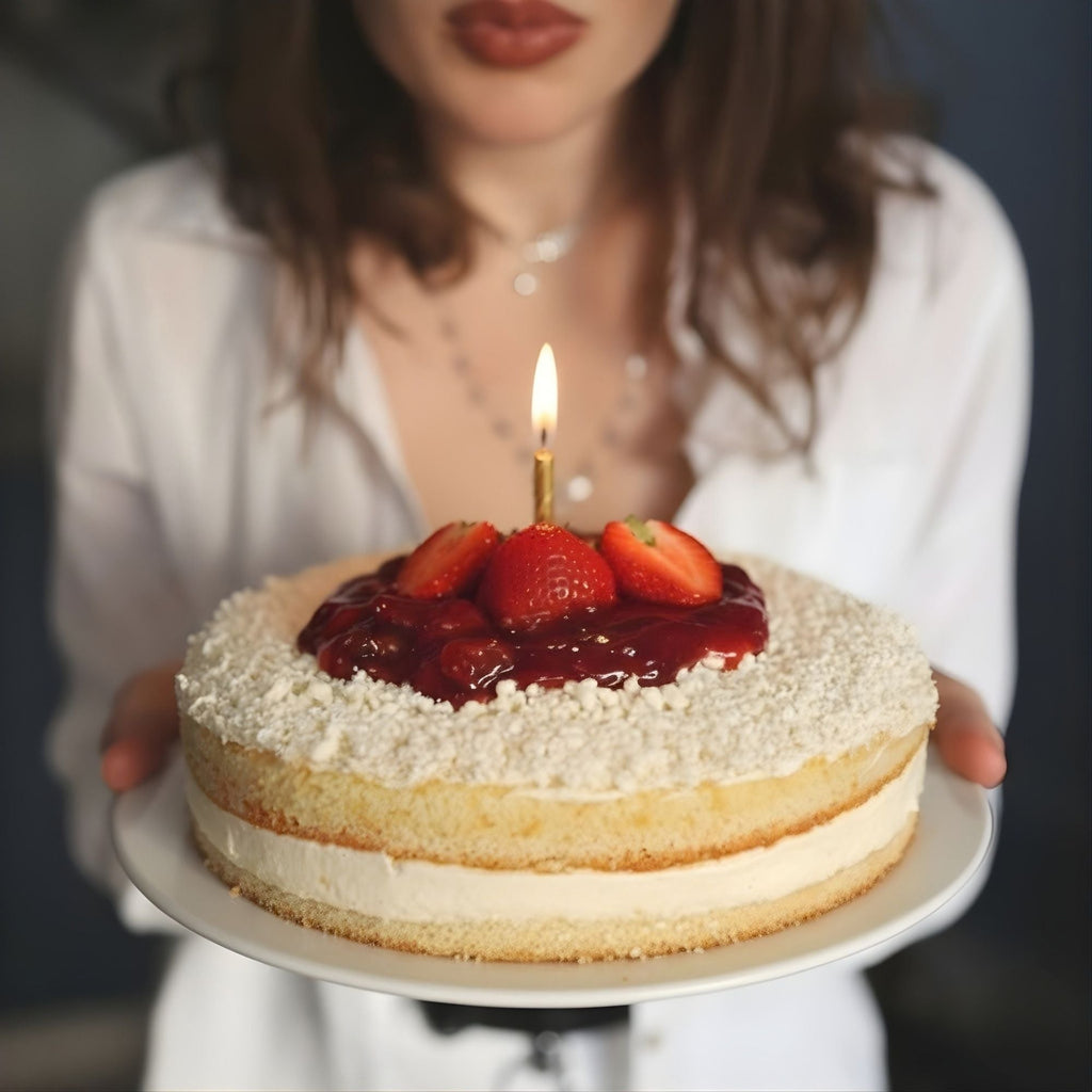 Person holding a cake with strawberries and a lit candle
