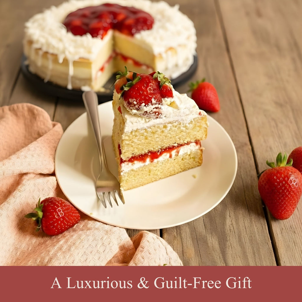 Slice of strawberry cake on a plate with strawberries and a fork, placed on a wooden surface.