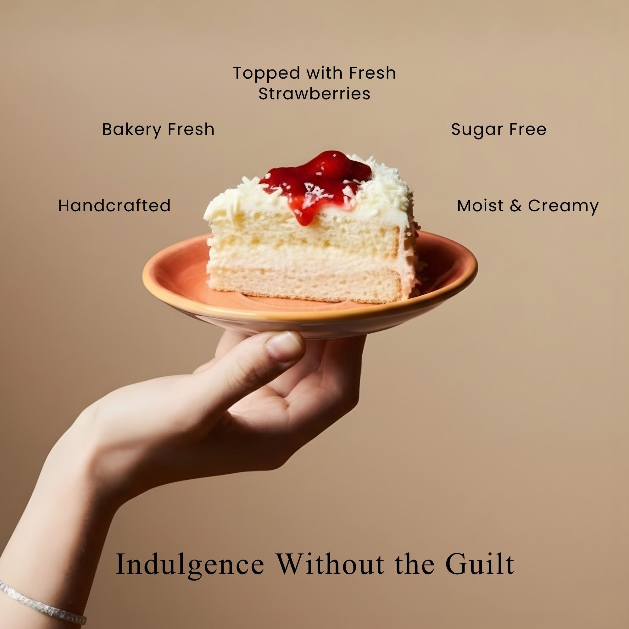 Slice of cake on a plate held by a hand, with text describing the cake's features on a beige background.