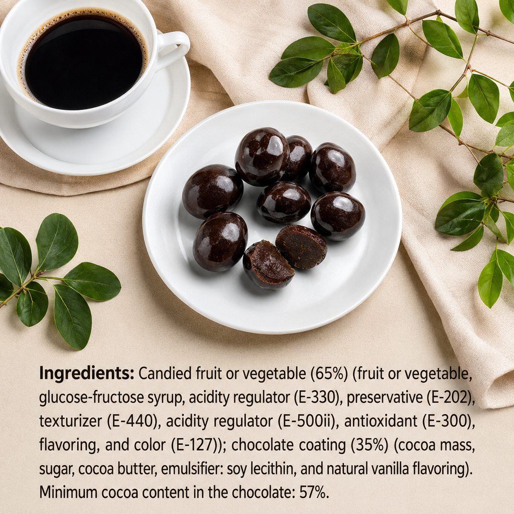 Chocolate-covered candied fruit on a plate with a cup of coffee and green leaves.