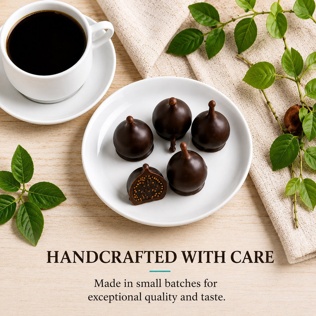 Chocolate truffles on a plate with a cup of coffee and green leaves on a wooden surface.