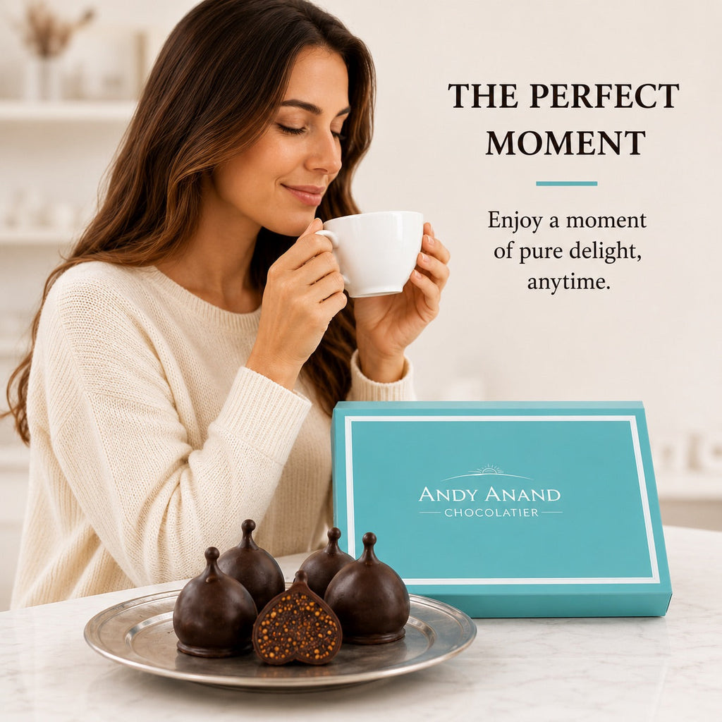 Woman holding a cup with a plate of chocolate truffles and a box labeled 'Andy Anand Chocolatier' on a light background.