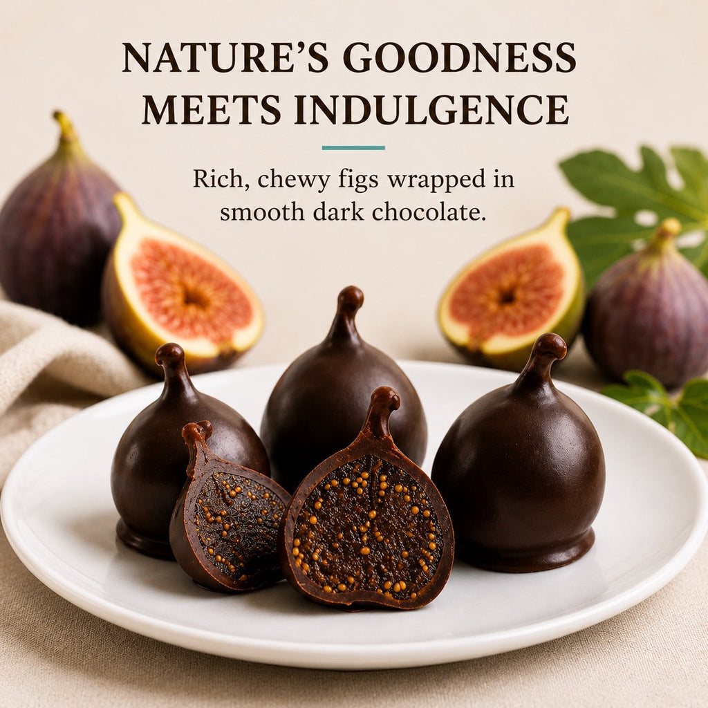 Chocolate-covered figs on a plate with fresh figs in the background, text 'Nature's Goodness Meets Indulgence'.