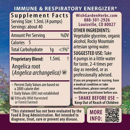 Supplement label for WishGardenHerbs immune and respiratory energizer with ingredient list and contact information.