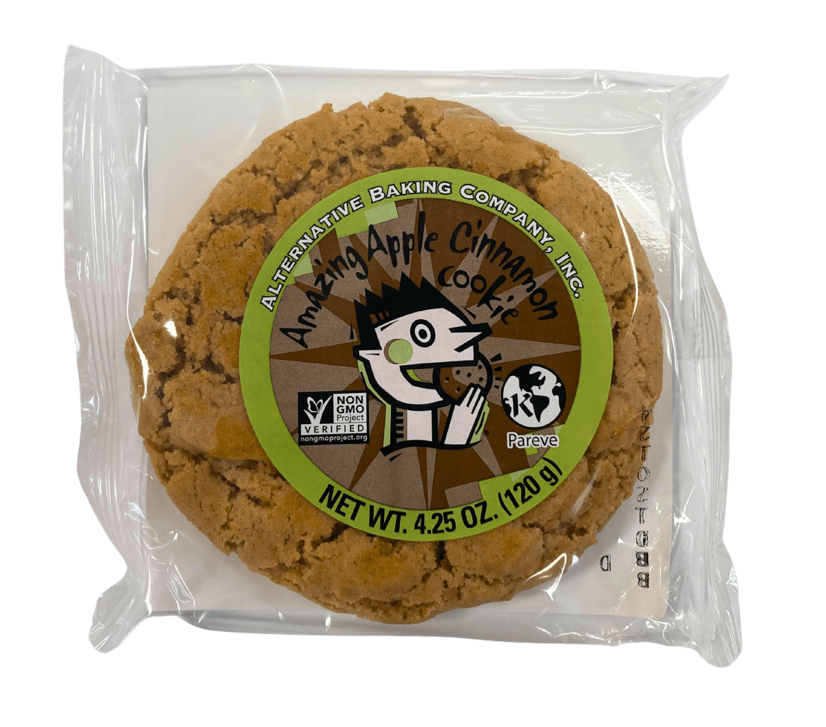 Apple Cinnamon vegan cookie in individual clear wrapper with branded label, white backing tray, and transparent background.