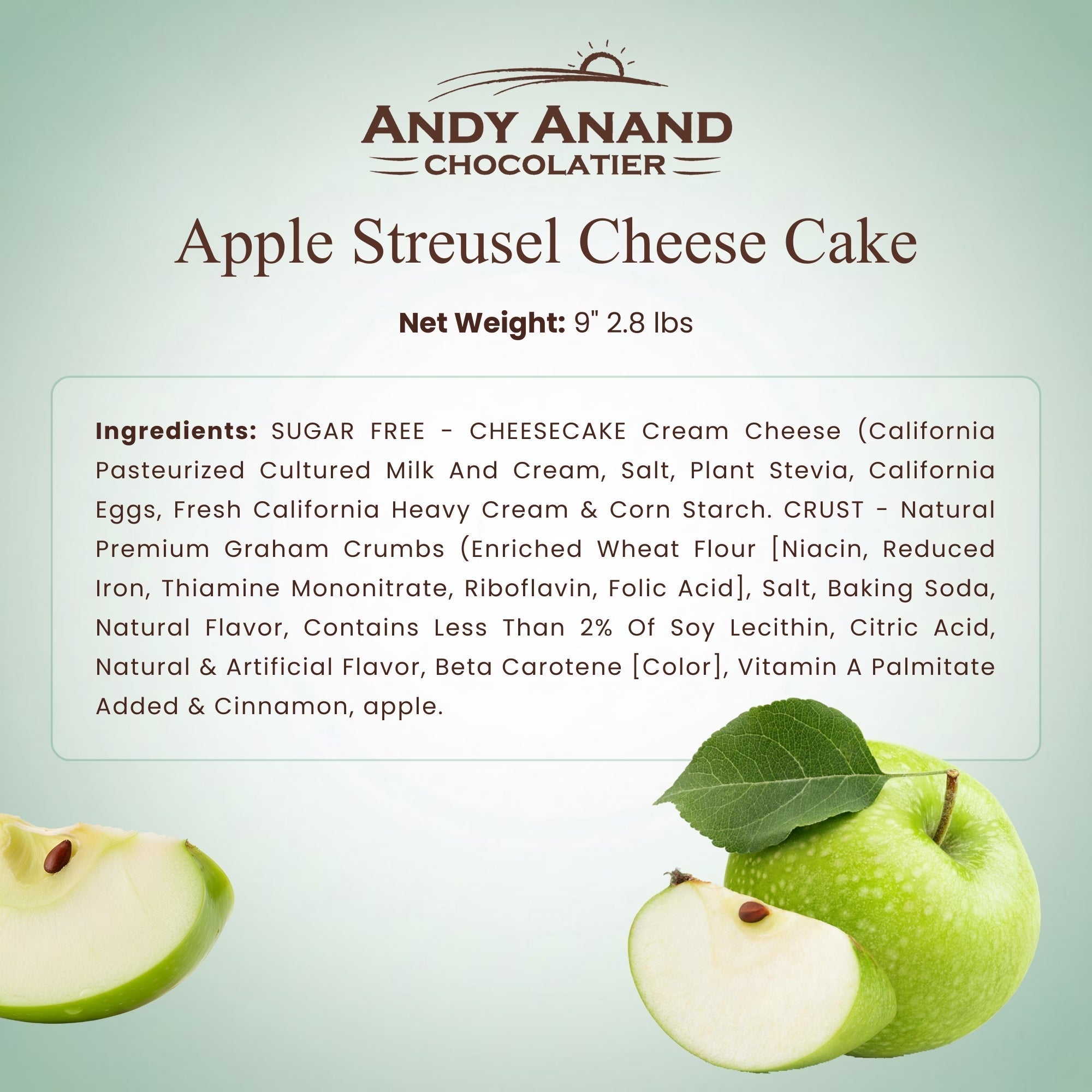 Andy Anand Gourmet Sugar-Free Apple Streusel Cheesecake 9" 2.8 lbs. Keto & Diabetic Friendly, No Added Sugar. Real California Cream Cheese, Artisan, Halal, Reusable Tray