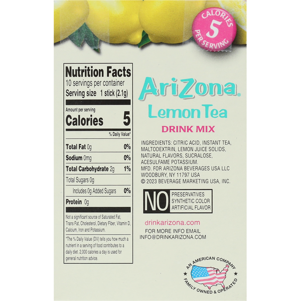 Arizona Lemon Tea drink mix package with nutrition facts and ingredients listed.